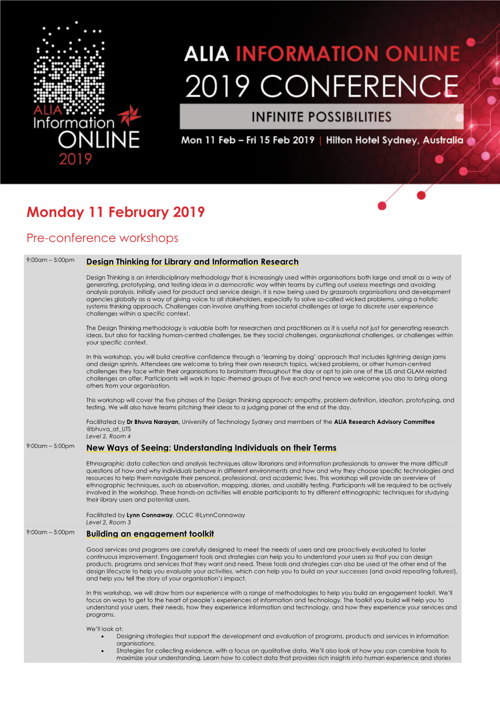 Monday 11 February 2019 Pre-Conference Workshops