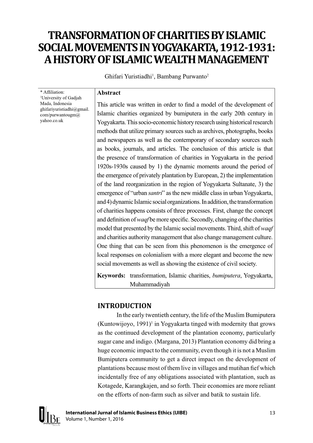 Transformation of Charities by Islamic Social Movements in Yogyakarta, 1912�1931: a History of Islamic Wealth Management