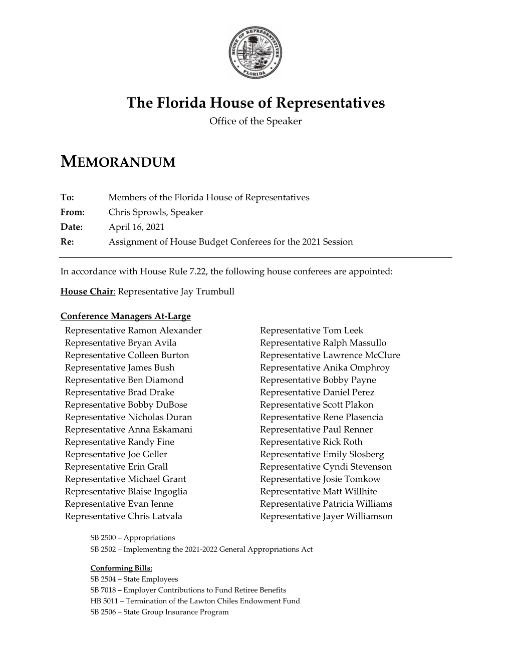 House Budget Conferees for the 2021 Session