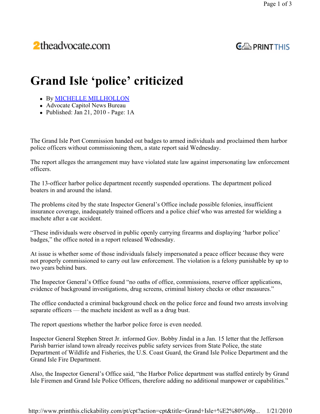 Grand Isle 'Police' Criticized