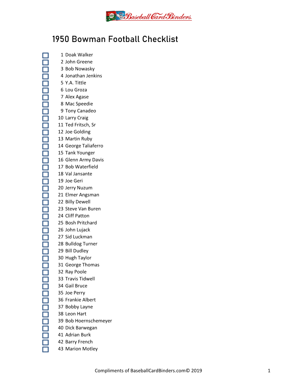 1950 Bowman Football Checklist