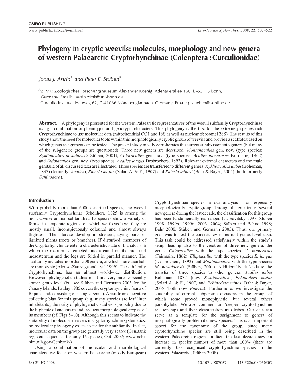 Phylogeny in Cryptic Weevils: Molecules, Morphology and New Genera of Western Palaearctic Cryptorhynchinae (Coleoptera : Curculionidae)