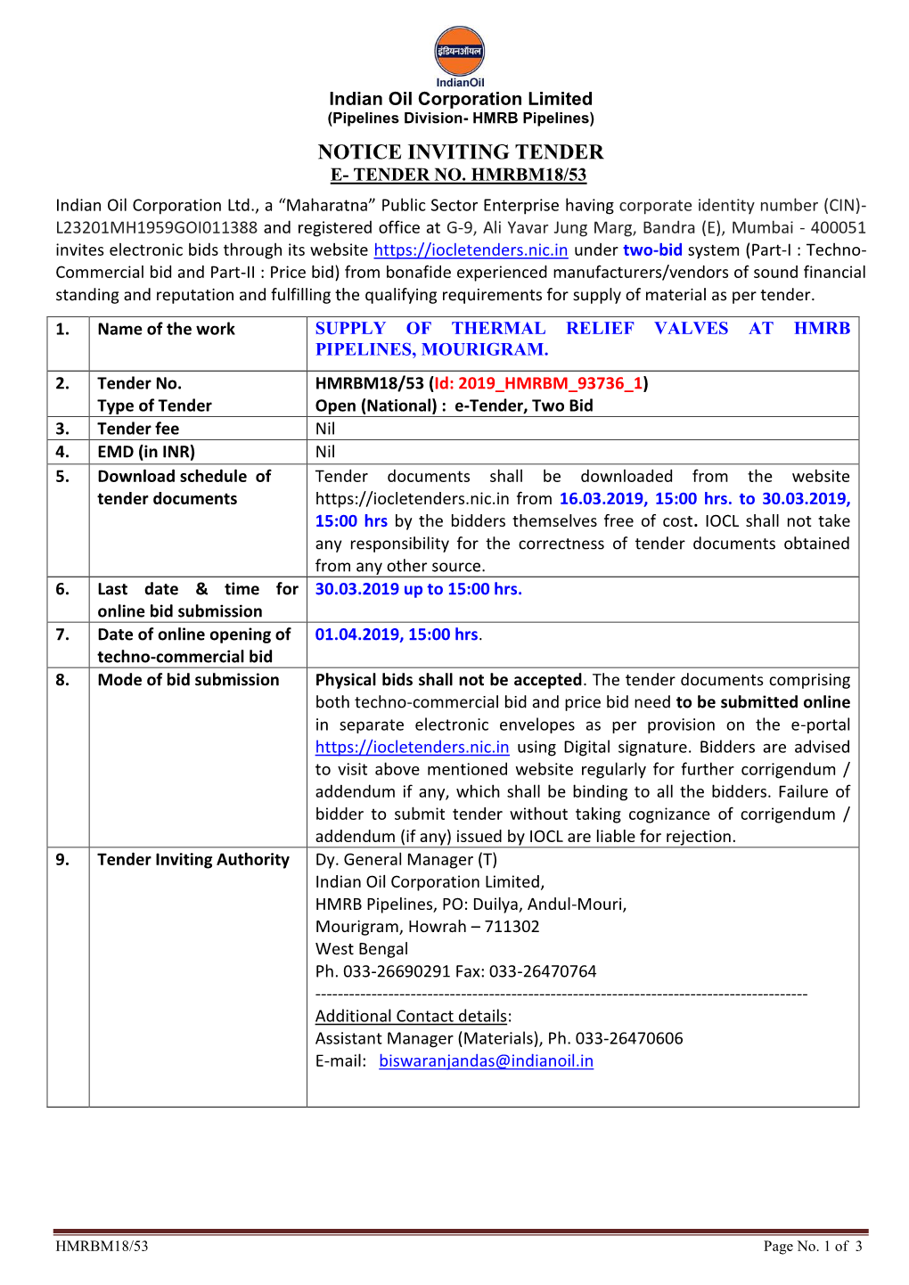 Notice Inviting Tender E- Tender No