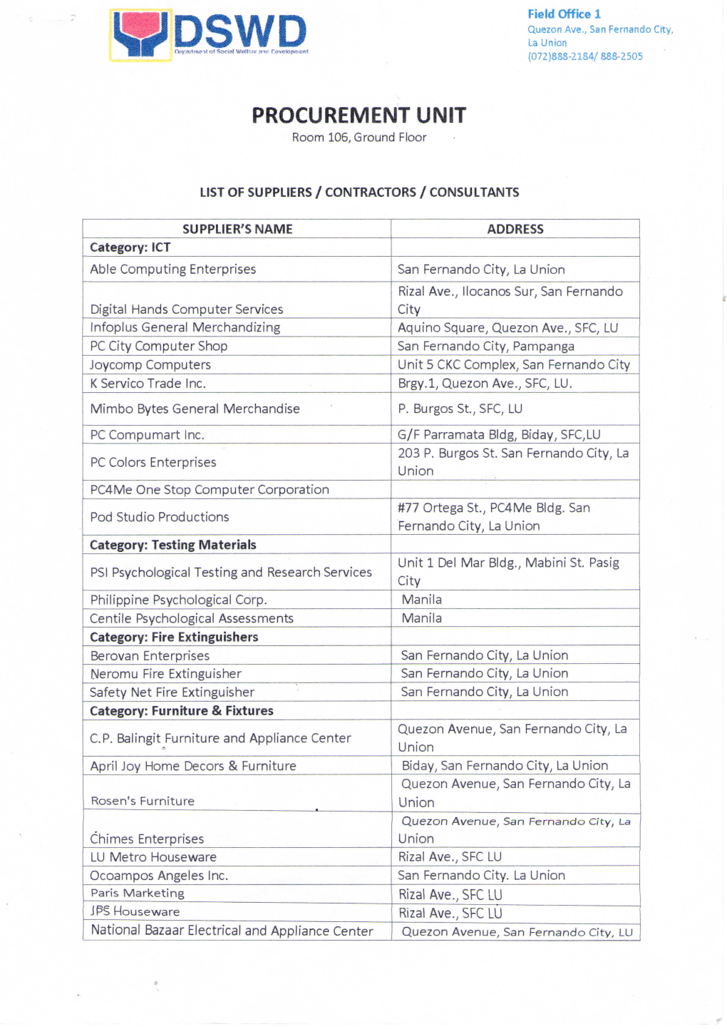 PROCUREMENT UNIT Room 105, Ground Floor