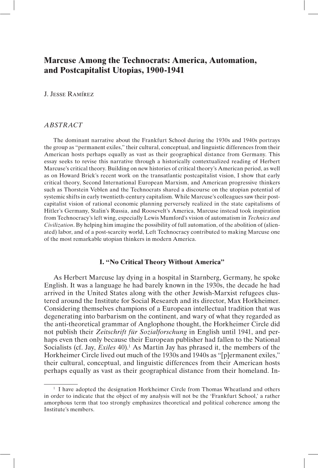 Marcuse Among the Technocrats: America, Automation, and Postcapitalist Utopias, 1900-1941