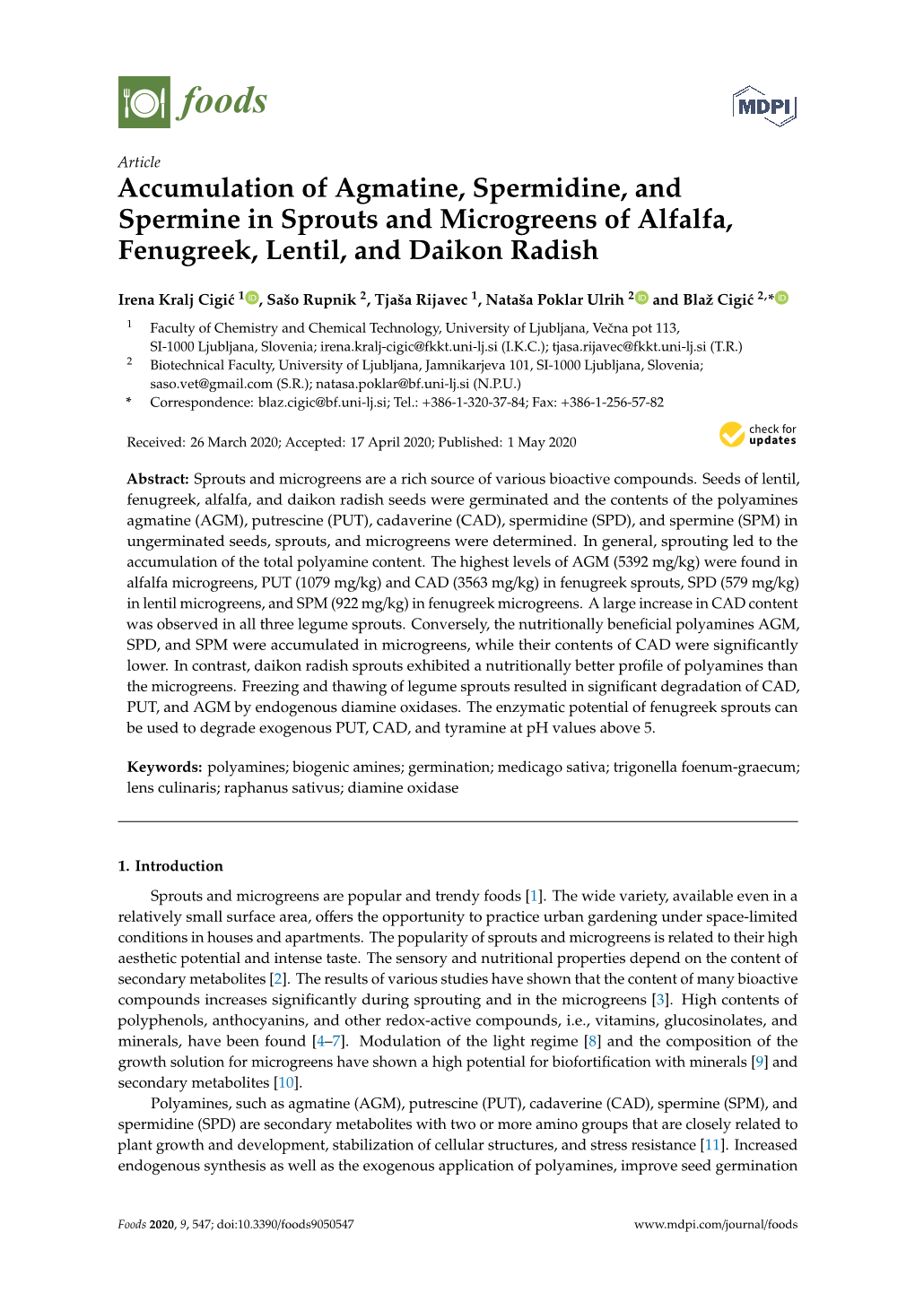 Accumulation of Agmatine, Spermidine, and Spermine in Sprouts and Microgreens of Alfalfa, Fenugreek, Lentil, and Daikon Radish