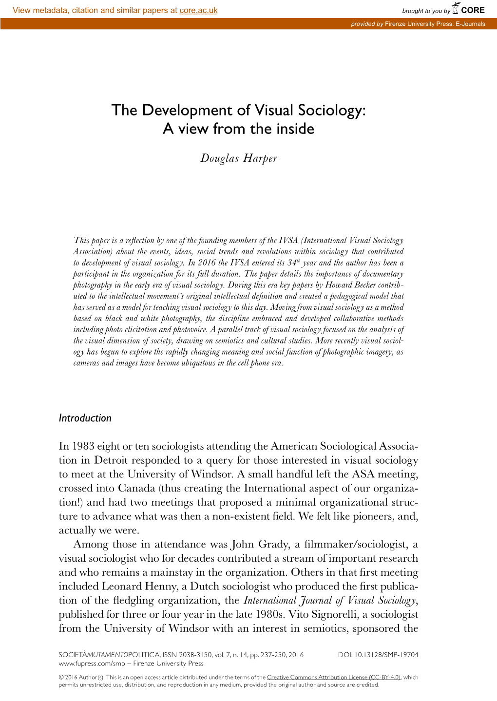The Development of Visual Sociology: a View from the Inside