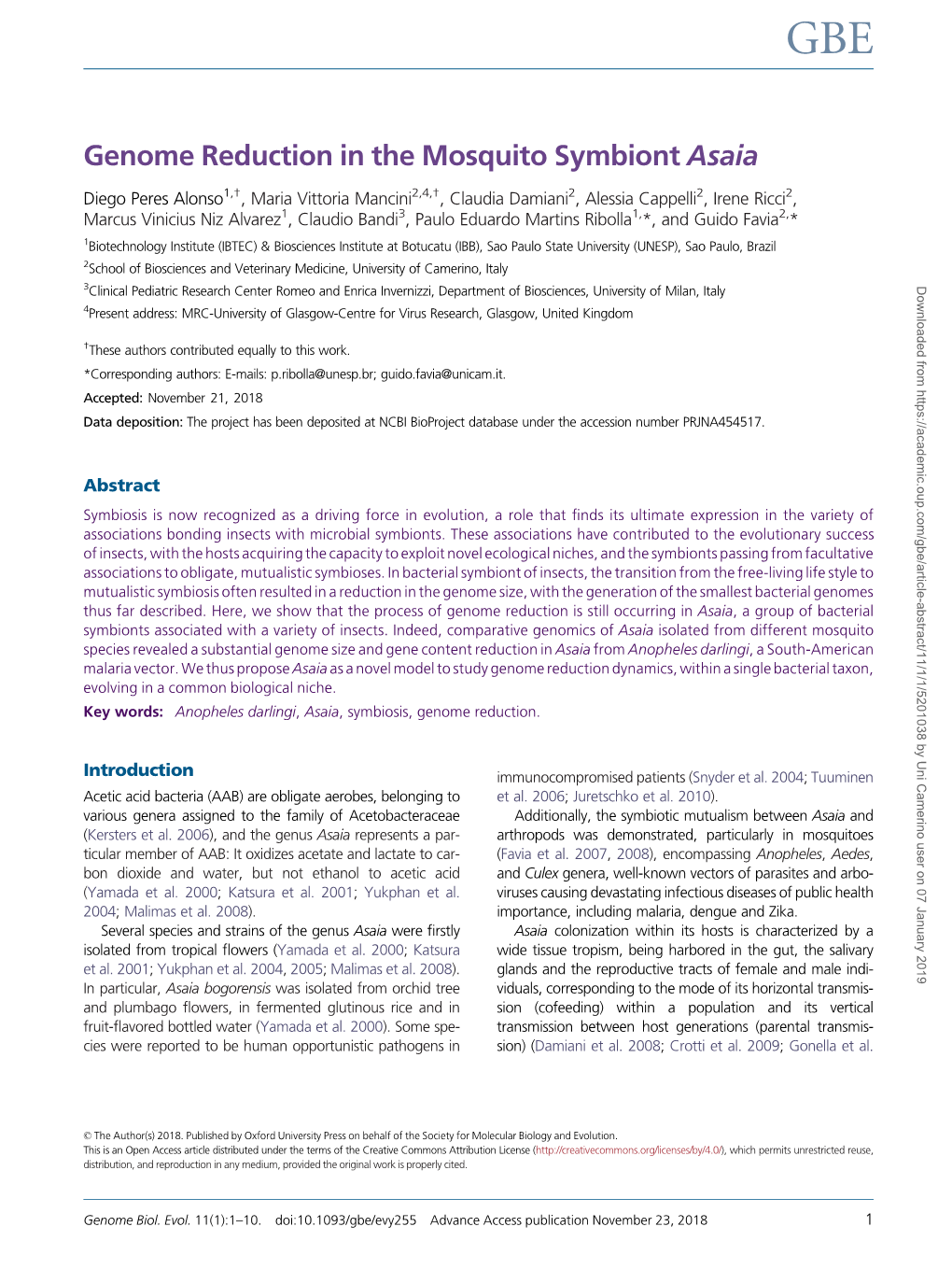 Genome Reduction in the Mosquito Symbiont Asaia