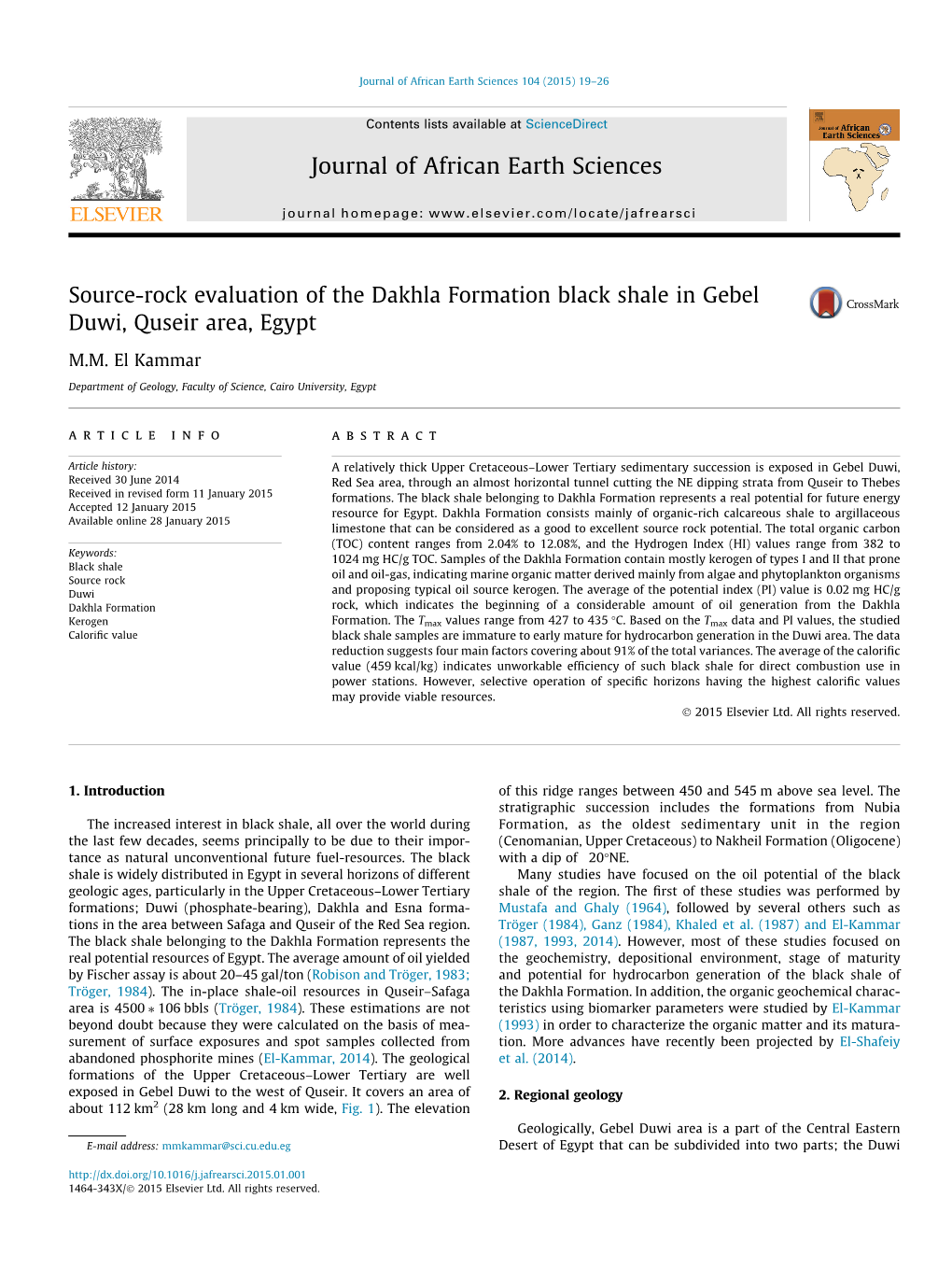 Source-Rock Evaluation of the Dakhla Formation Black Shale in Gebel Duwi, Quseir Area, Egypt