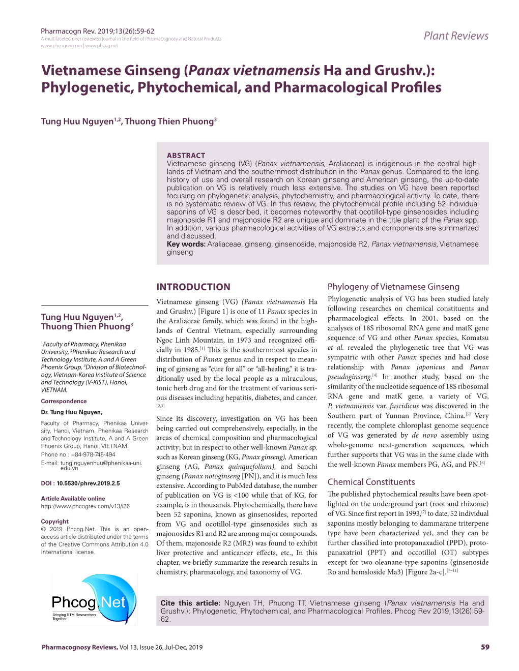 Vietnamese Ginseng (Panax Vietnamensis Ha and Grushv.): Phylogenetic, Phytochemical, and Pharmacological Profiles