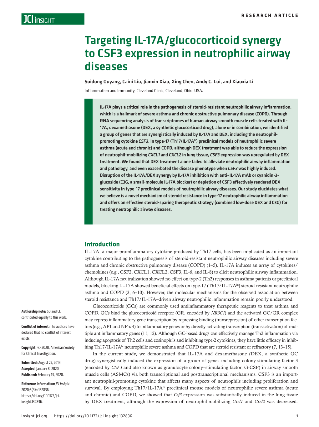 Targeting IL-17A/Glucocorticoid Synergy to CSF3 Expression in Neutrophilic Airway Diseases