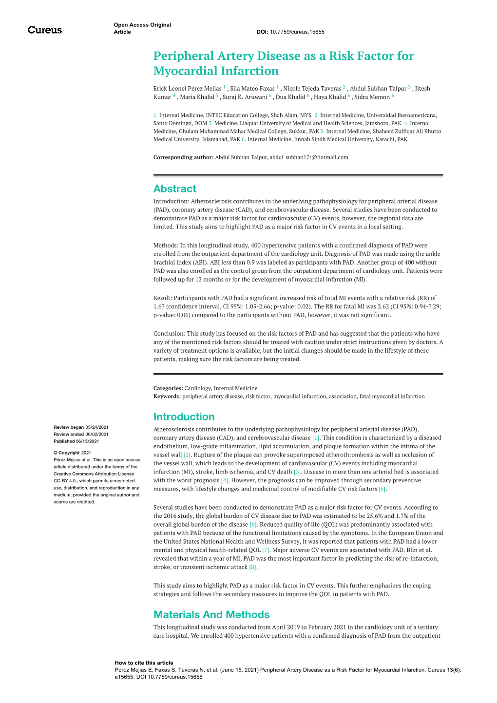 Peripheral Artery Disease As a Risk Factor for Myocardial Infarction