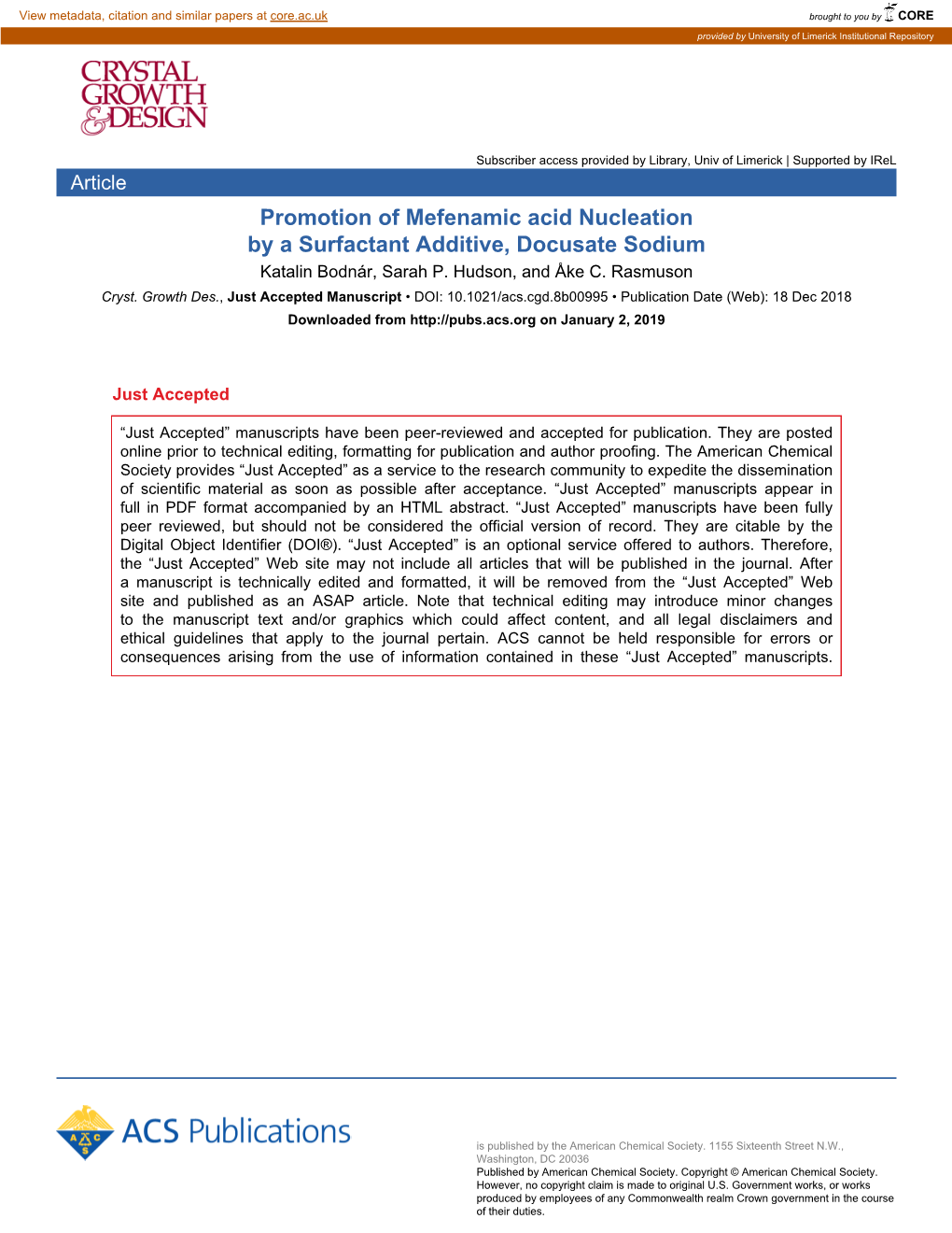 Promotion of Mefenamic Acid Nucleation by a Surfactant Additive, Docusate Sodium Katalin Bodnár, Sarah P