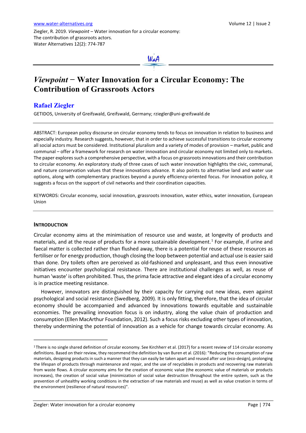 Water Innovation for a Circular Economy: the Contribution of Grassroots Actors