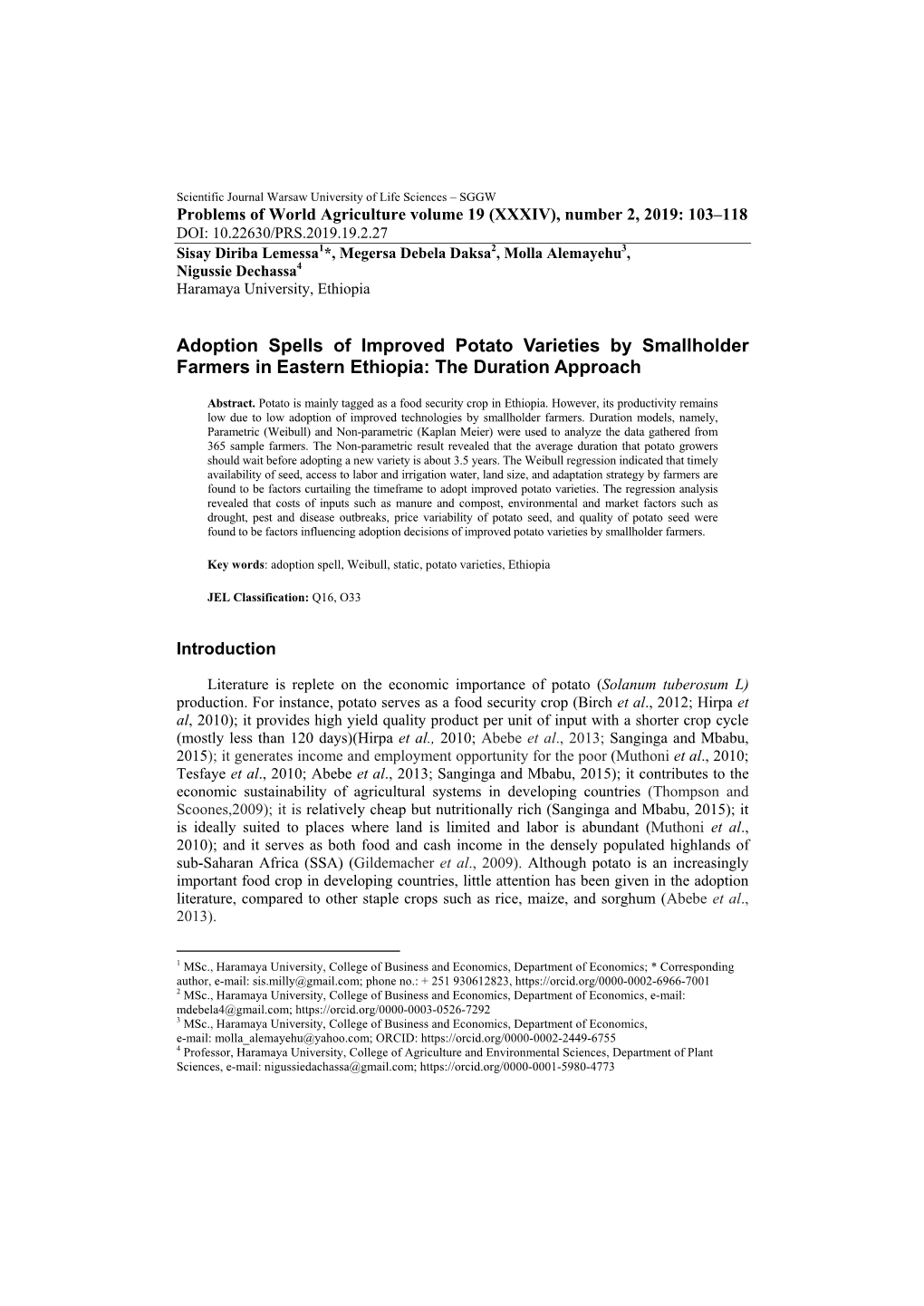 Adoption Spells of Improved Potato Varieties by Smallholder Farmers in Eastern Ethiopia: the Duration Approach