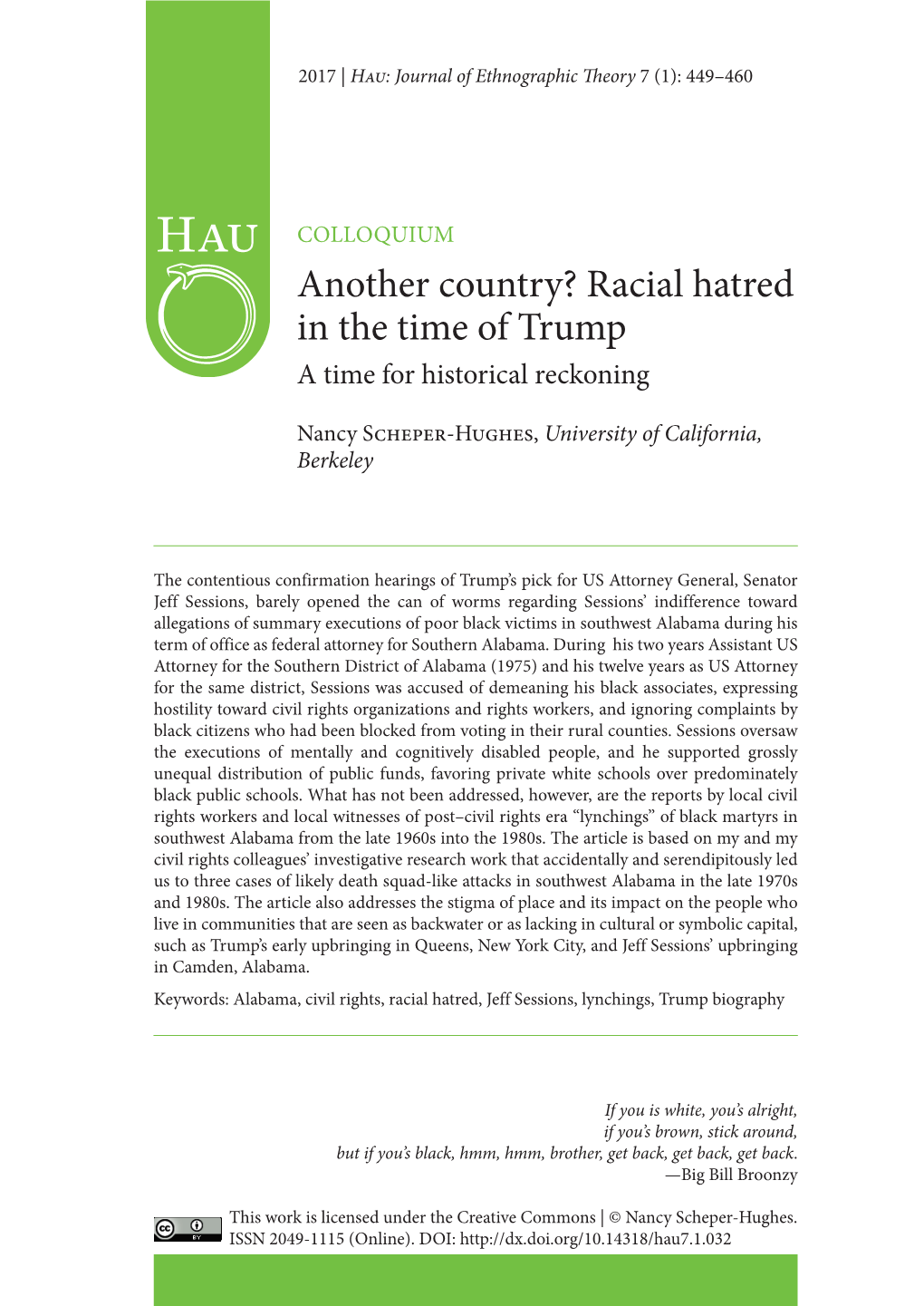 Another Country? Racial Hatred in the Time of Trump a Time for Historical Reckoning