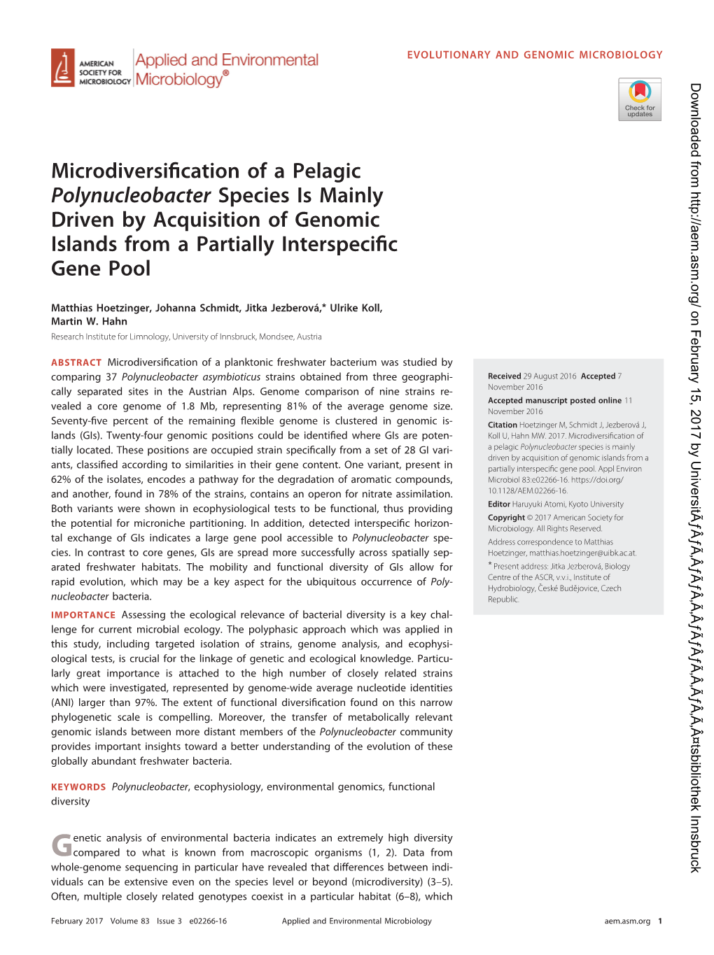 Microdiversification of a Pelagic Polynucleobacter Species Is Mainly