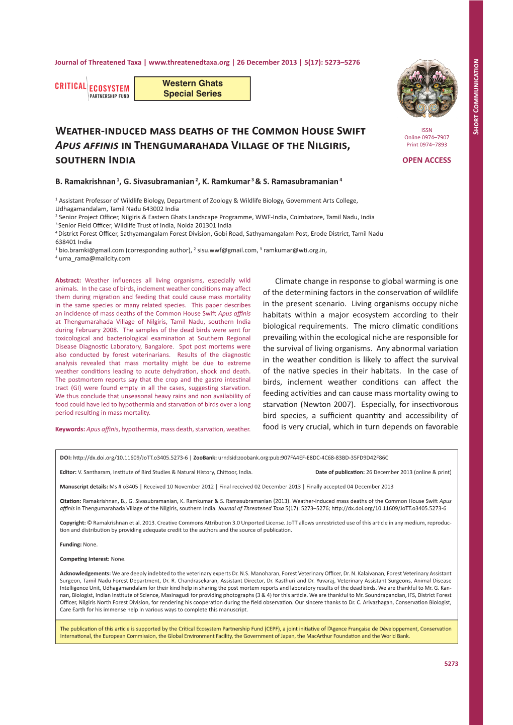 Weather-Induced Mass Deaths of the Common House Swift Apus Affinis in Thengumarahada Village of the Nilgiris, Southern India