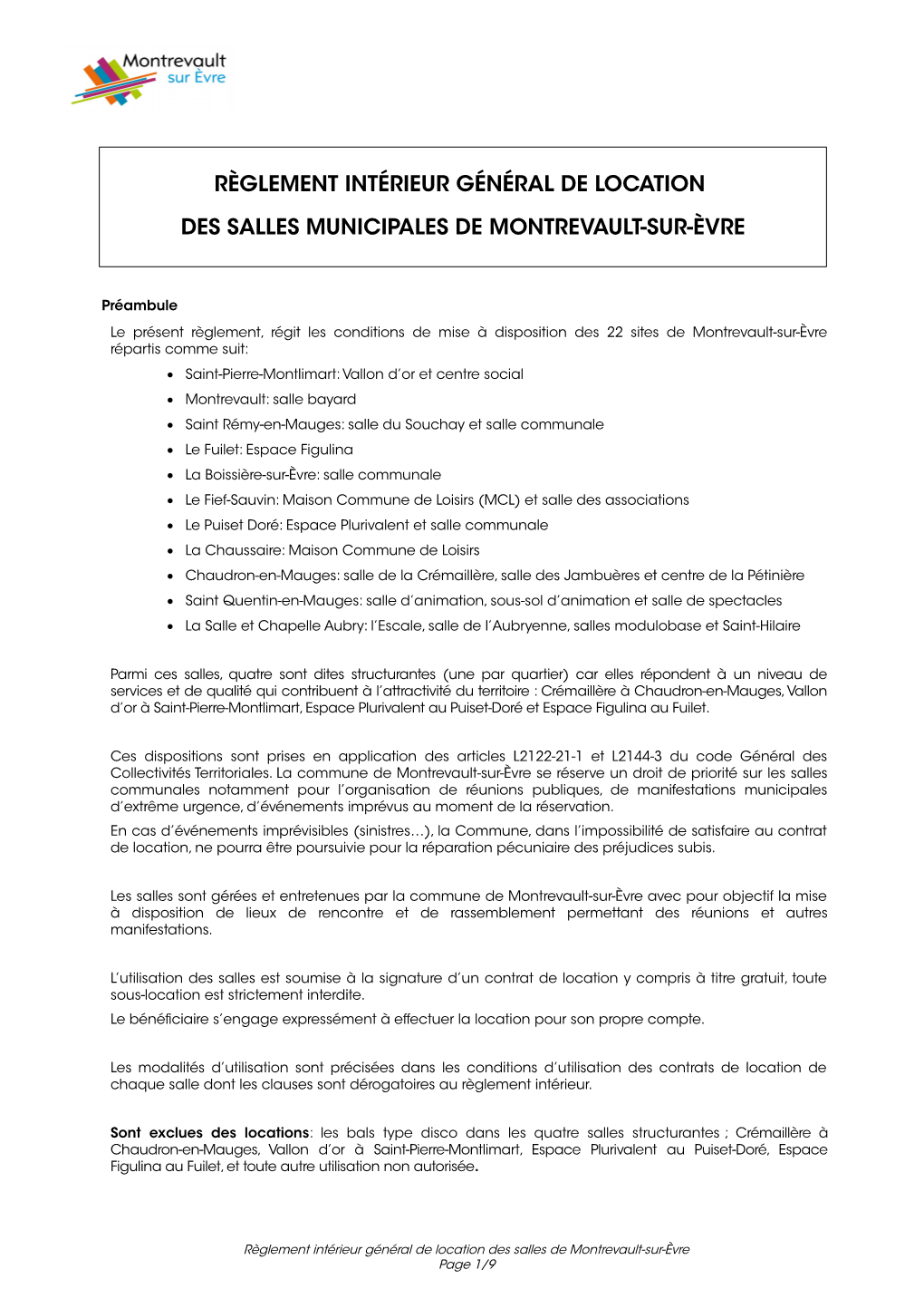 Règlement De Location Des Salles Municipales De Montrevault-Sur-Èvre