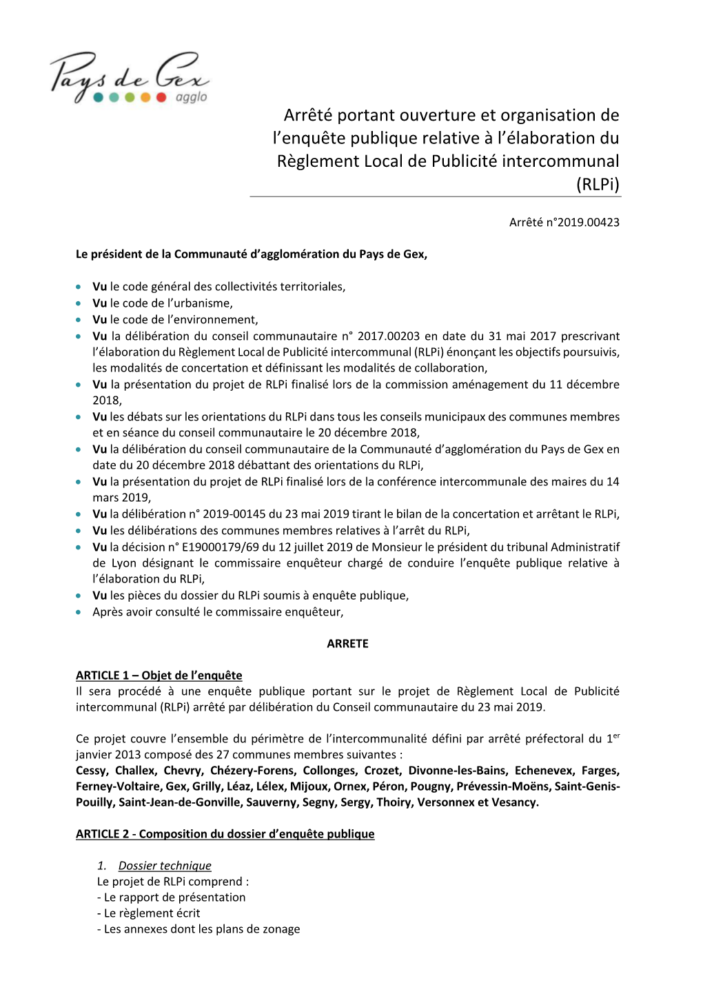 Arrêté Portant Ouverture Et Organisation De L'enquête Publique