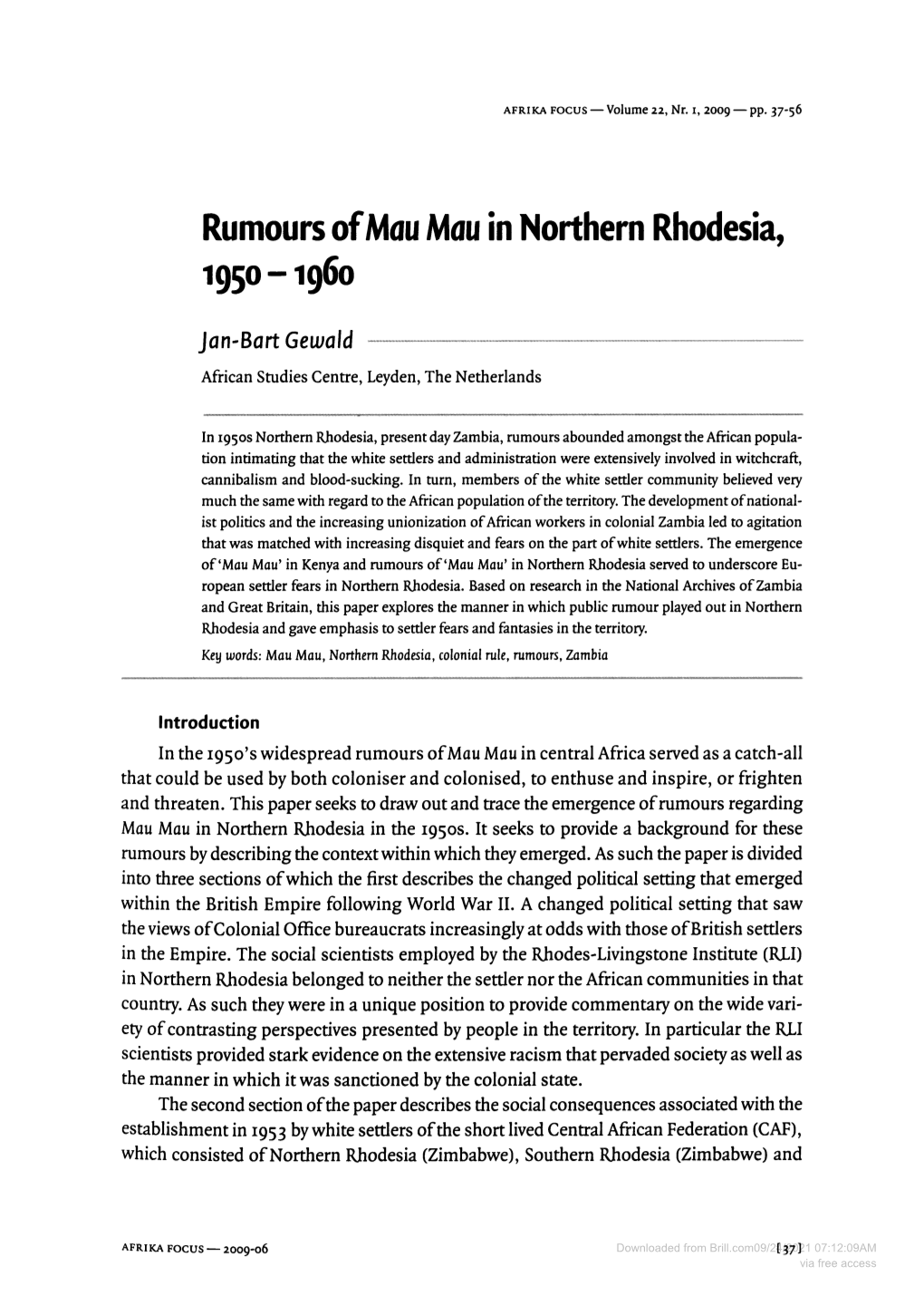 Rumours of Mau Mau in Northern Rhodesia, 1950-1960