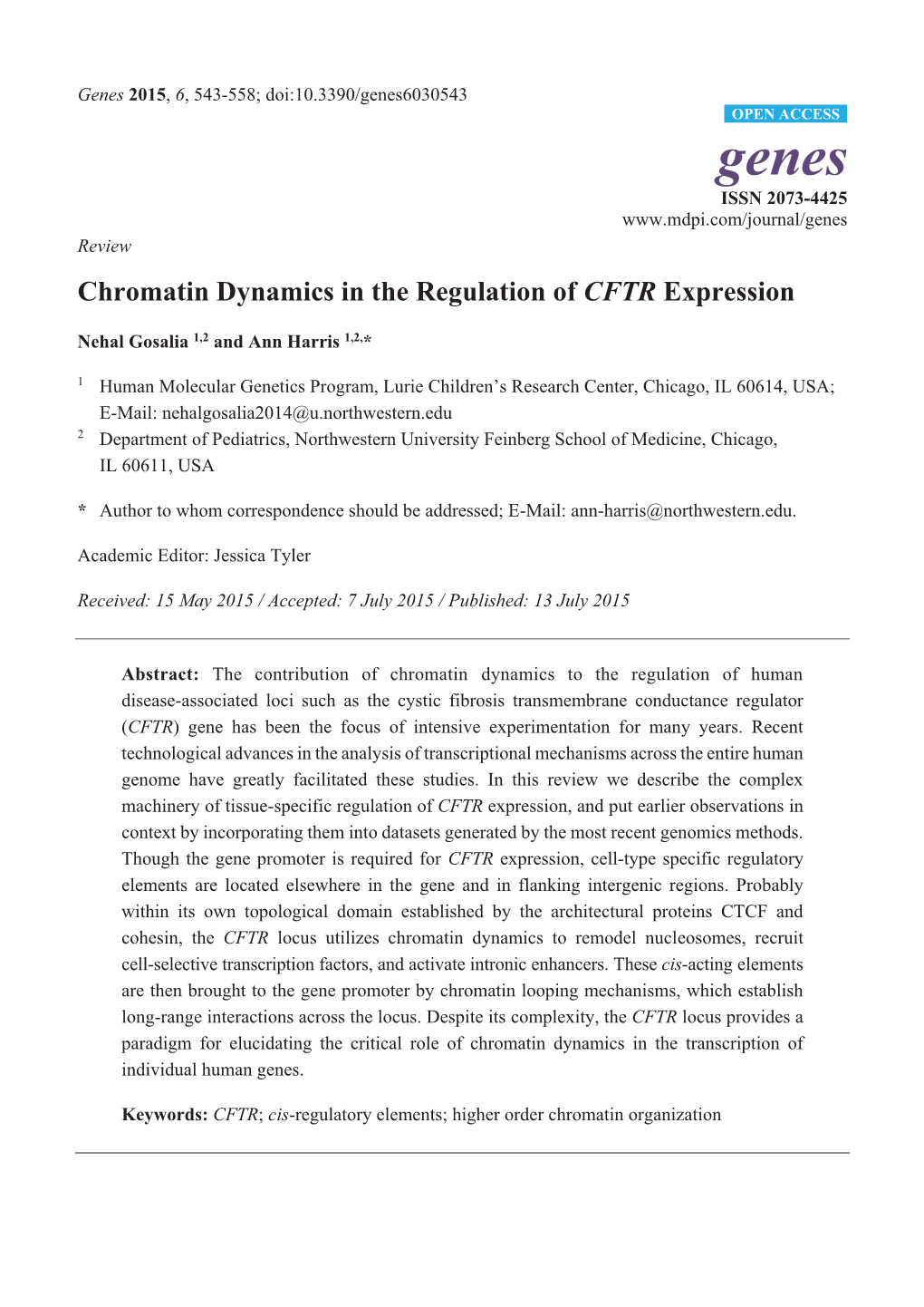 Chromatin Dynamics in the Regulation of CFTR Expression