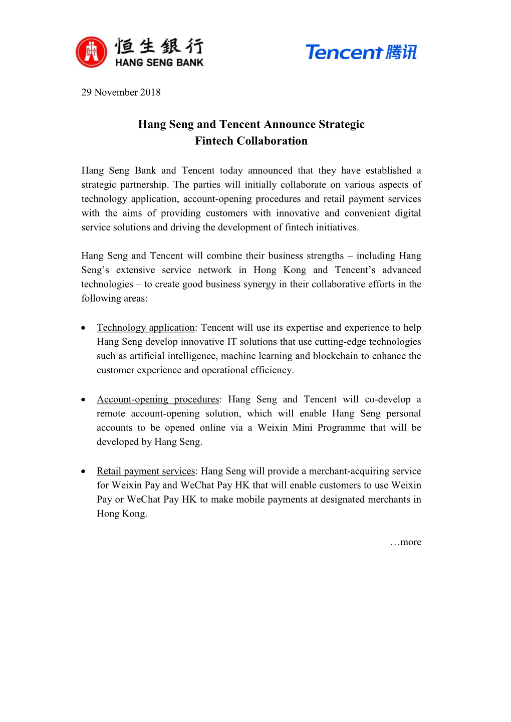 Hang Seng and Tencent Announce Strategic Fintech Collaboration