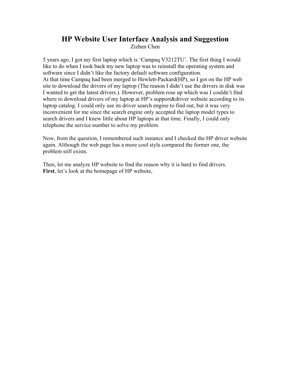 HP Website User Interface Analysis and Suggestion Zizhen Chen