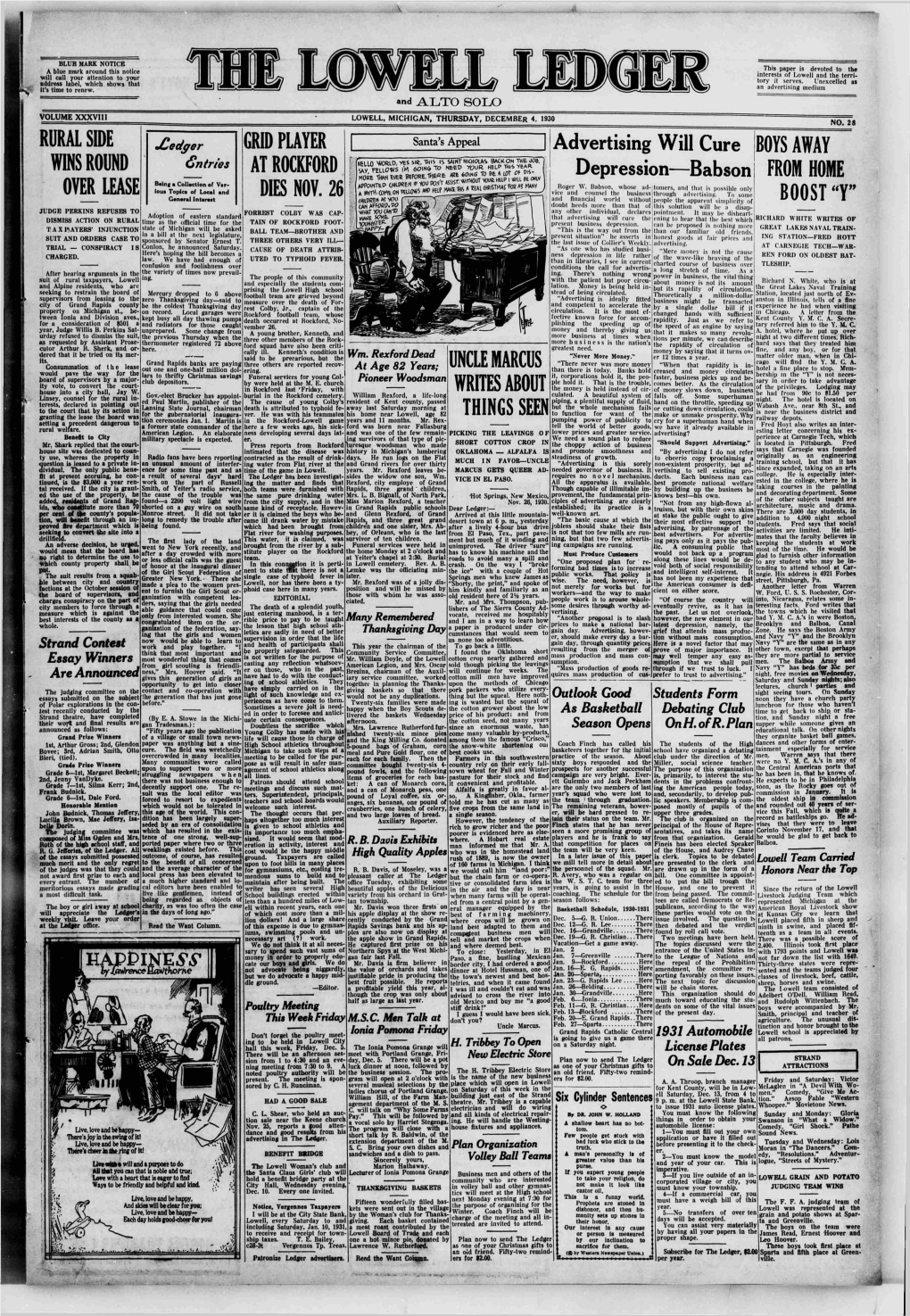 Rural Side Wins Round Over Lease Grid Player at Rockford Dies Nov. 26 Uncle Marcus Writes About Things Seen from Home Boost"