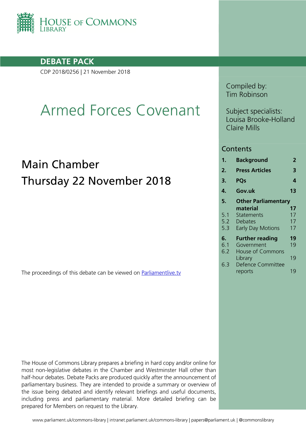 Armed Forces Covenant Subject Specialists: Louisa Brooke-Holland Claire Mills