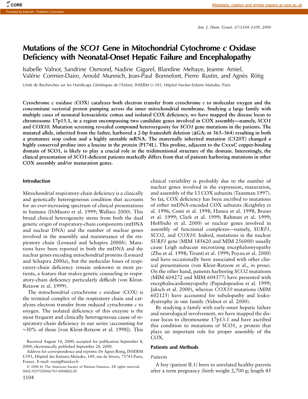 Mutations of the SCO1 Gene in Mitochondrial Cytochrome C