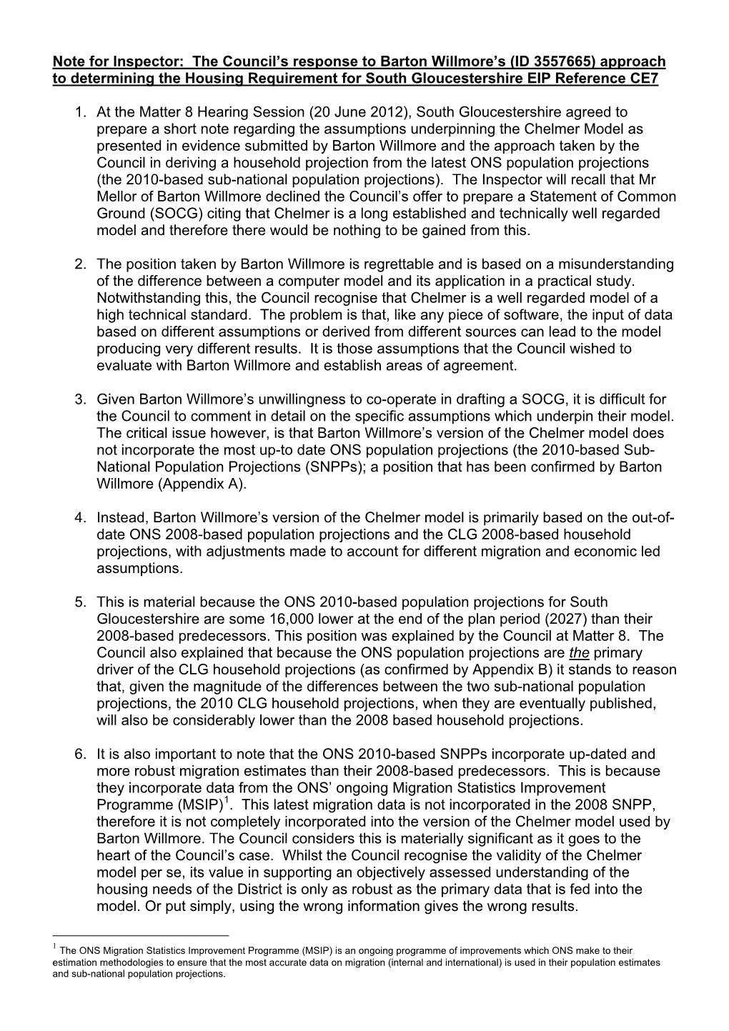 Differences Between Chelmer Model and South Gloucestershire Council's Approach to Deriving a Household Projection