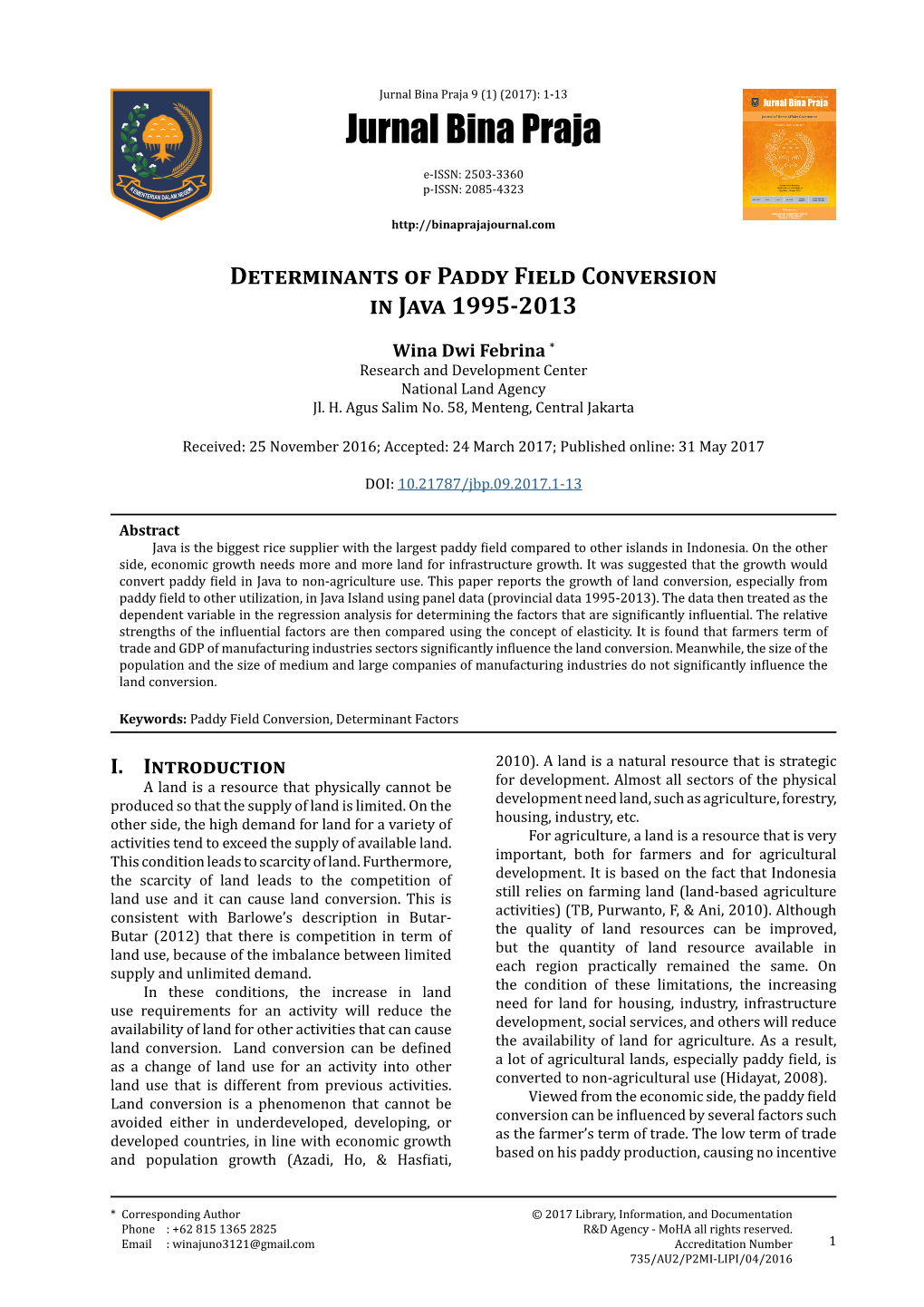 Determinants of Paddy Field Conversion in Java 1995-2013