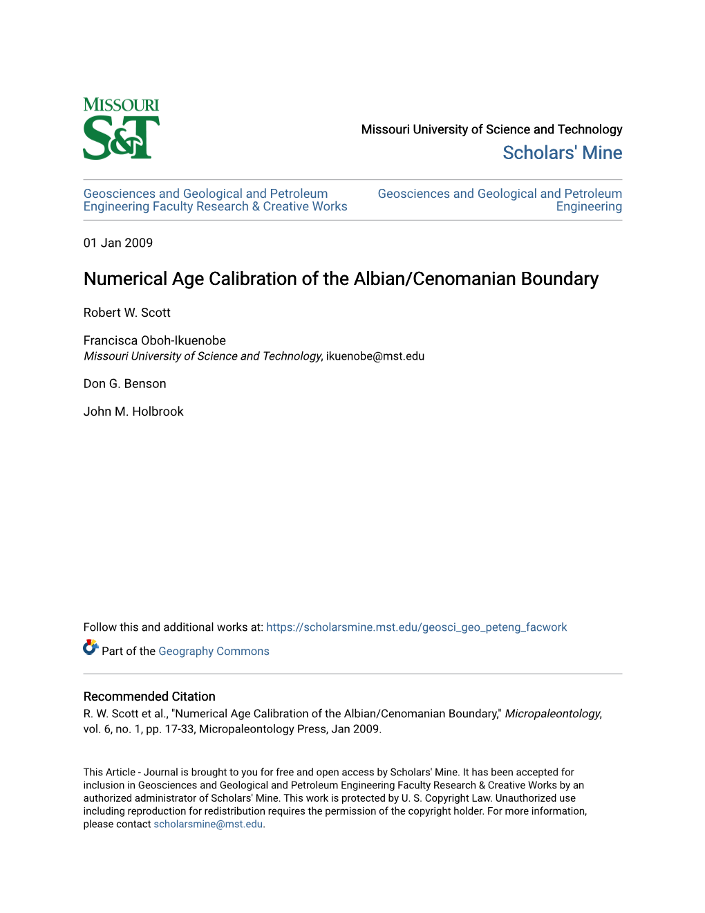 Numerical Age Calibration of the Albian/Cenomanian Boundary