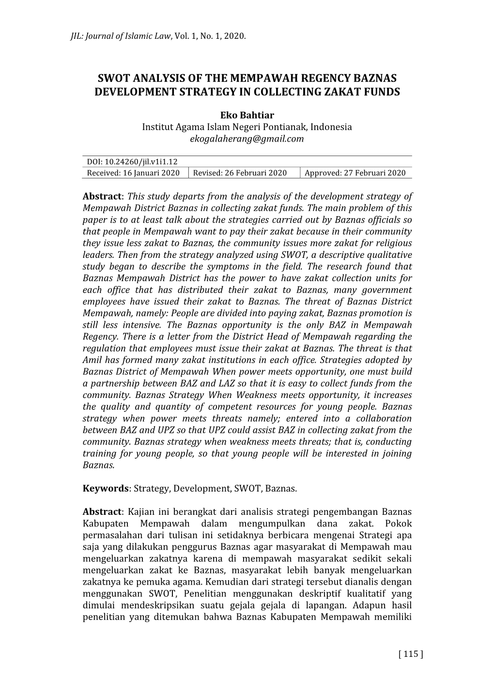 Swot Analysis of the Mempawah Regency Baznas Development Strategy in Collecting Zakat Funds