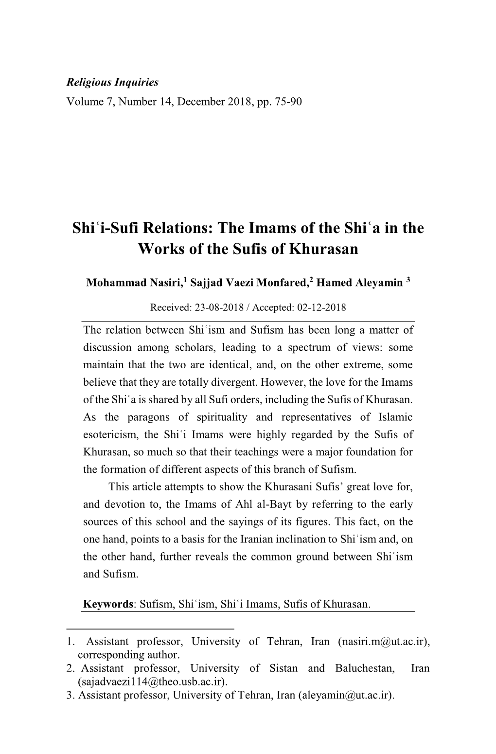 Shiʿi-Sufi Relations: the Imams of the Shiʿa in the Works of the Sufis of Khurasan