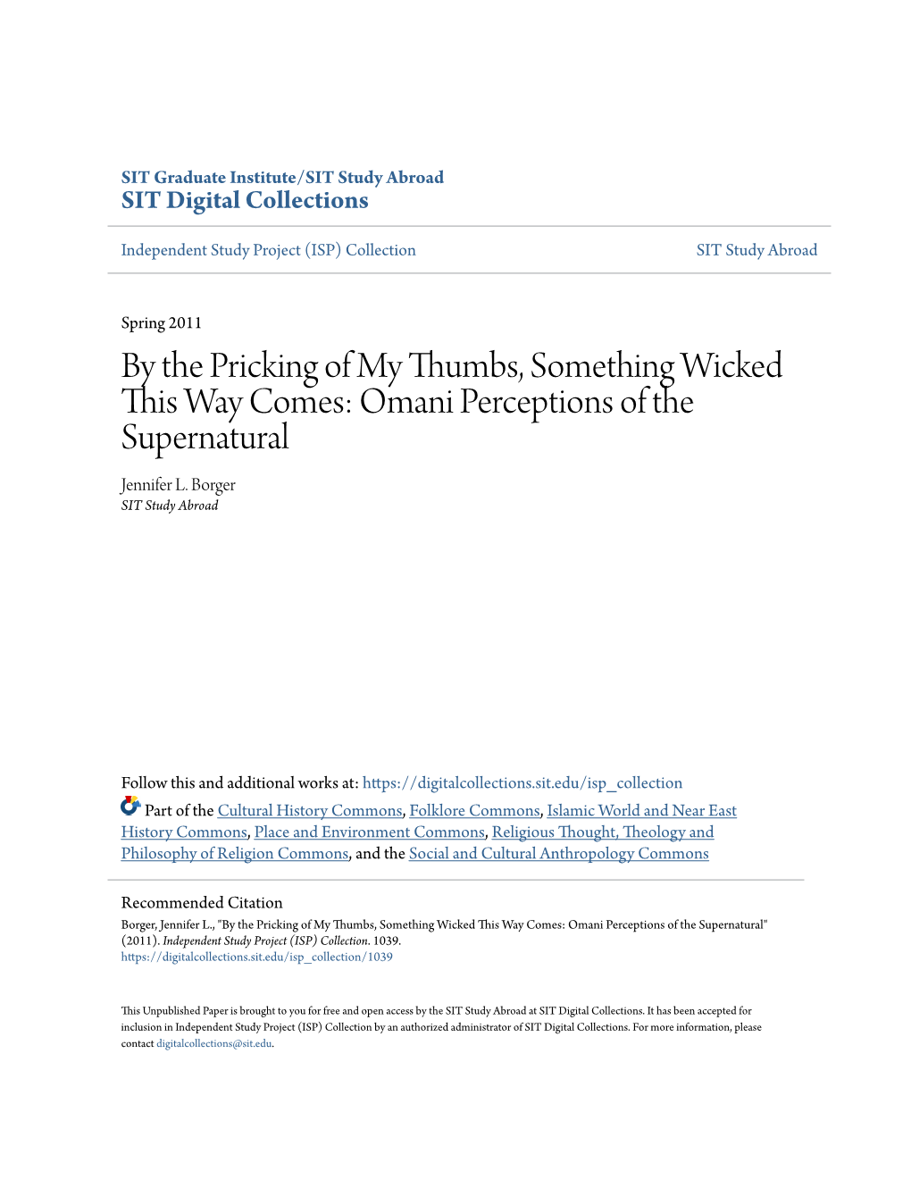 By the Pricking of My Thumbs, Something Wicked This Way Comes: Omani Perceptions of the Supernatural Jennifer L