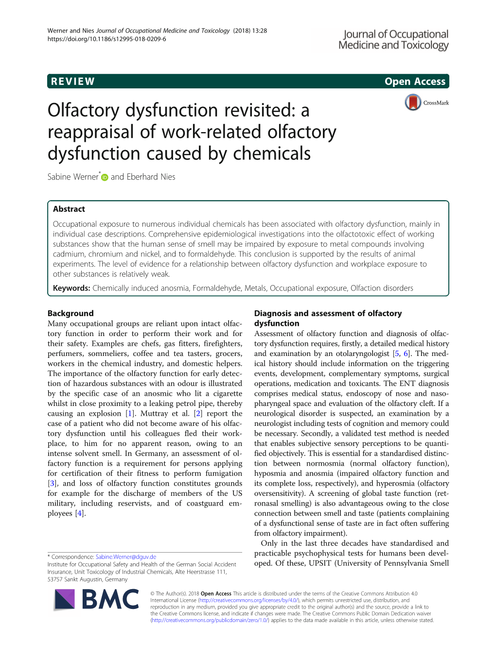 A Reappraisal of Work-Related Olfactory Dysfunction Caused by Chemicals Sabine Werner* and Eberhard Nies