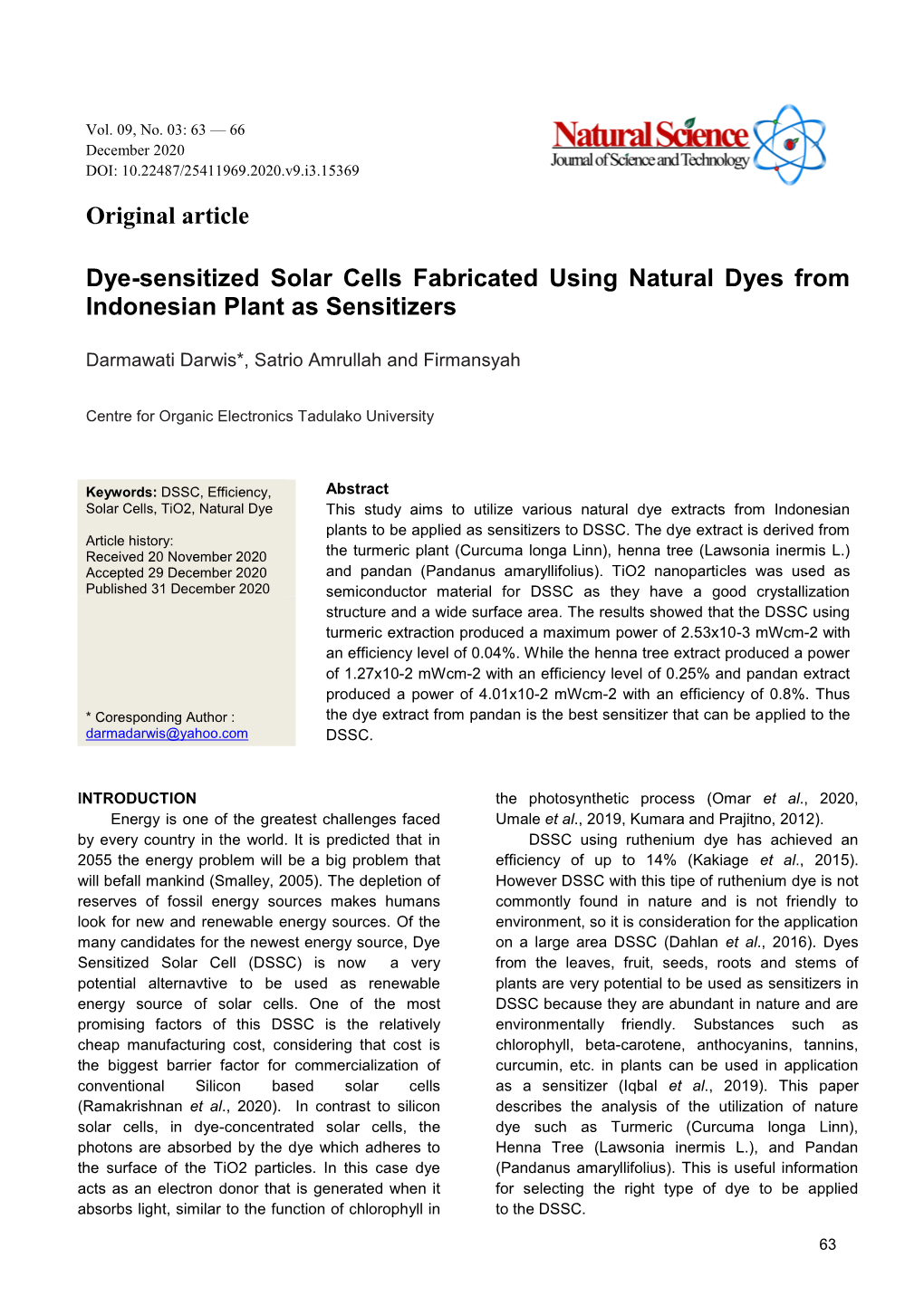 Original Article Dye-Sensitized Solar Cells Fabricated Using Natural