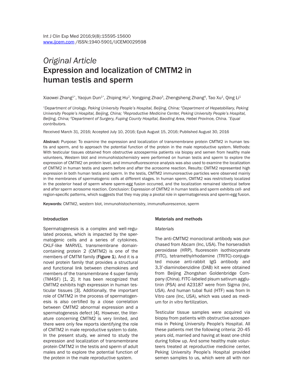 Original Article Expression and Localization of CMTM2 in Human Testis and Sperm