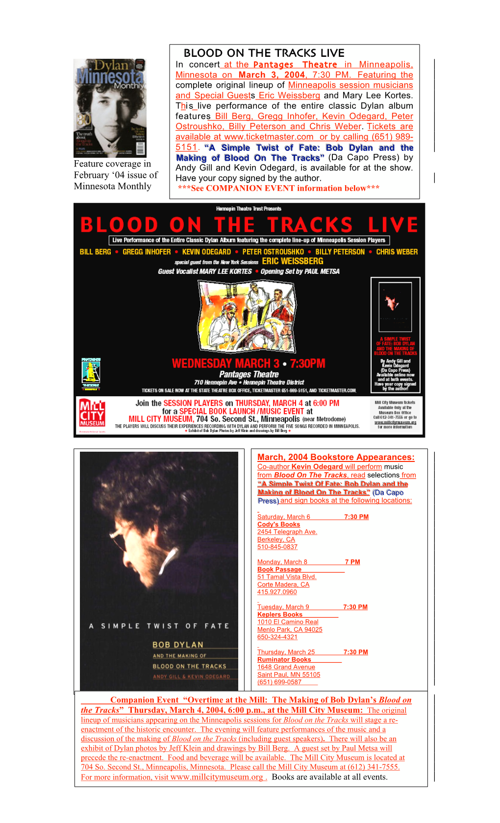 BLOOD on the TRACKS LIVE in Concert at the Pantages Theatre in Minneapolis, Minnesota on March 3, 2004, 7:30 PM