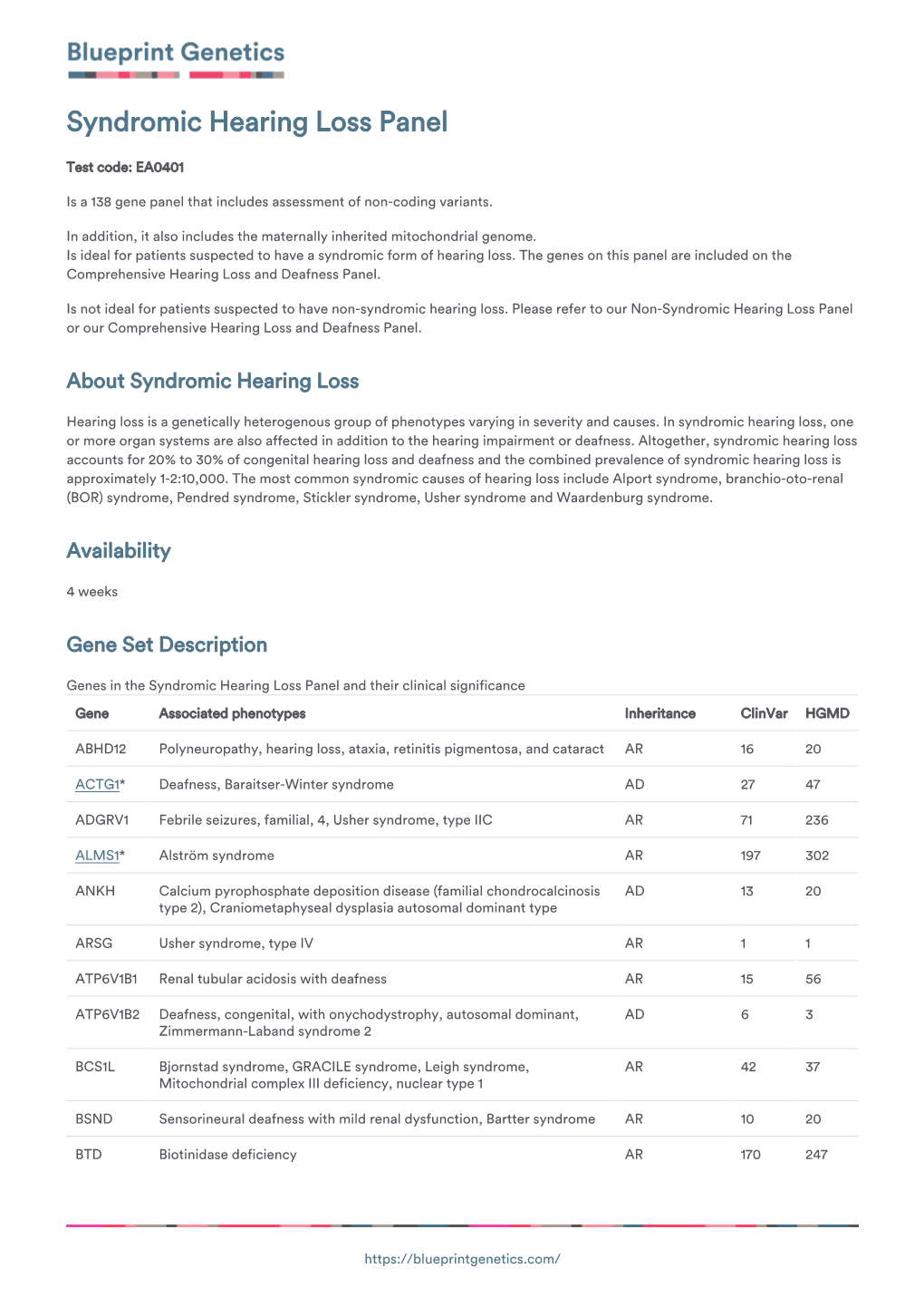 Blueprint Genetics Syndromic Hearing Loss Panel