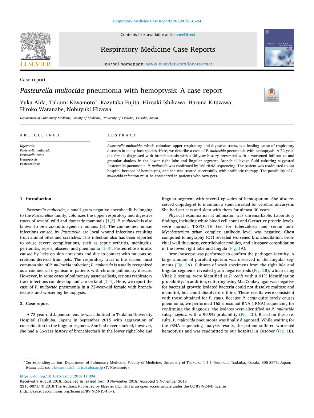 Pasteurella Multocida Pneumonia with Hemoptysis a Case Report