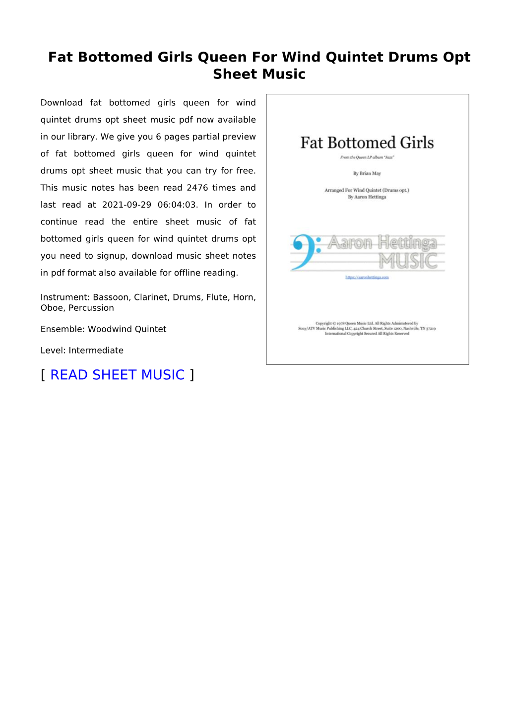 Fat Bottomed Girls Queen for Wind Quintet Drums Opt Sheet Music