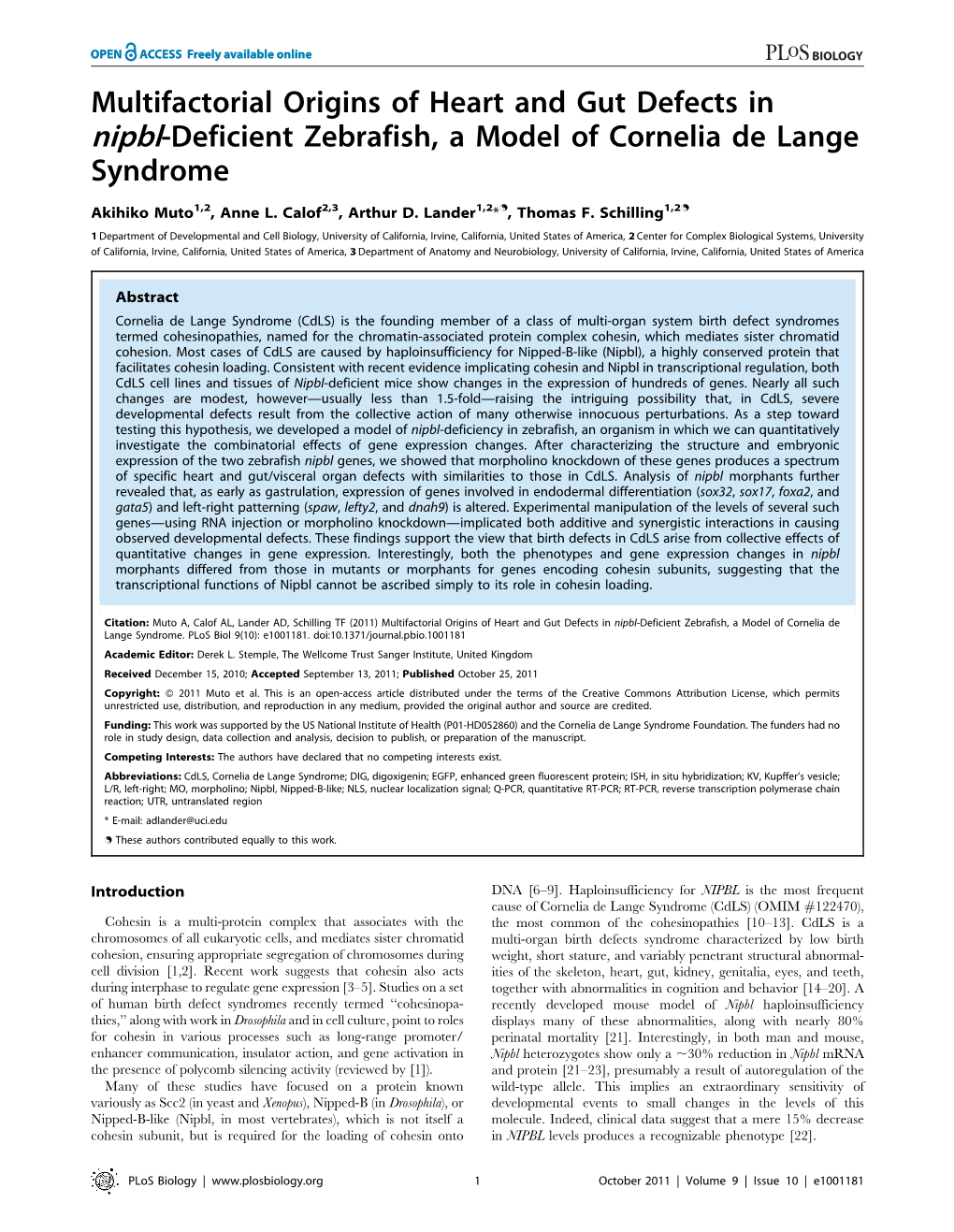 Multifactorial Origins of Heart and Gut Defects in Nipbl-Deficient Zebrafish, a Model of Cornelia De Lange Syndrome