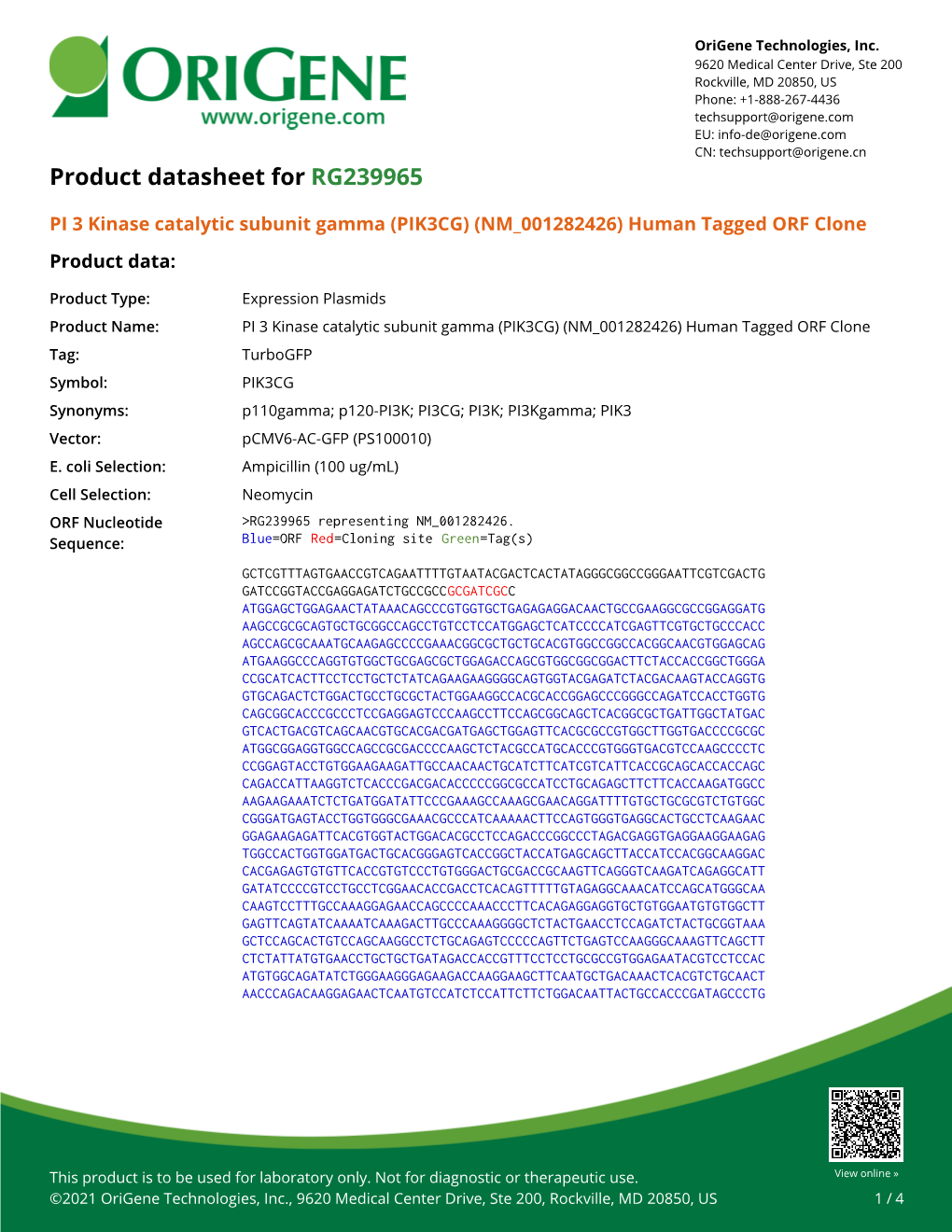 PI 3 Kinase Catalytic Subunit Gamma (PIK3CG) (NM 001282426) Human Tagged ORF Clone Product Data