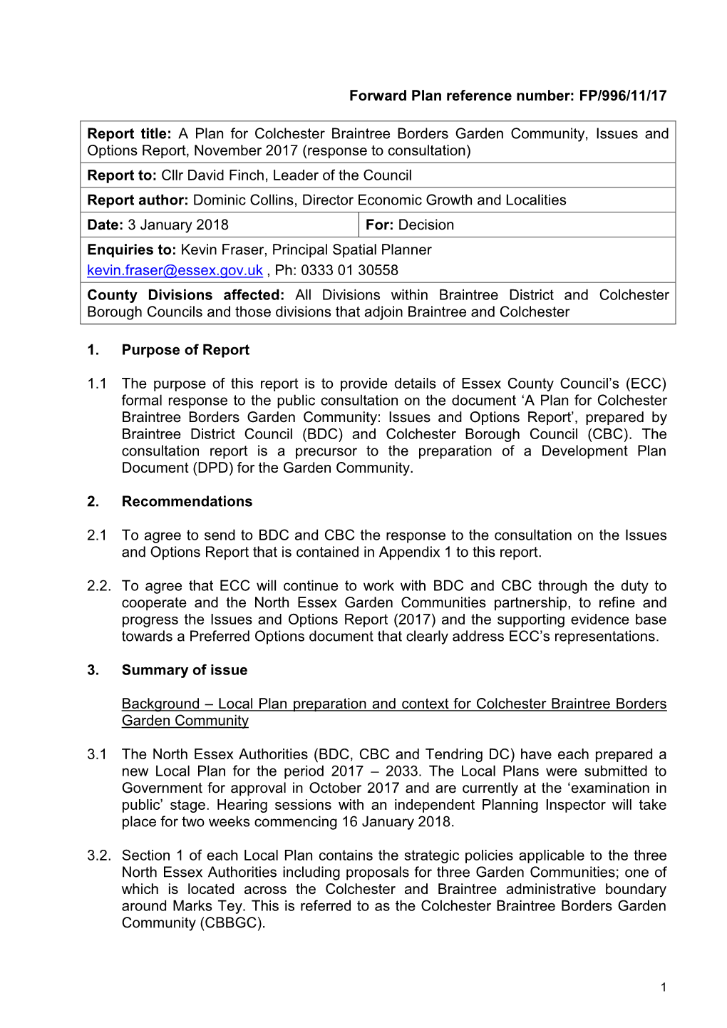 A Plan for Colchester Braintree Borders Garden Community, Issues