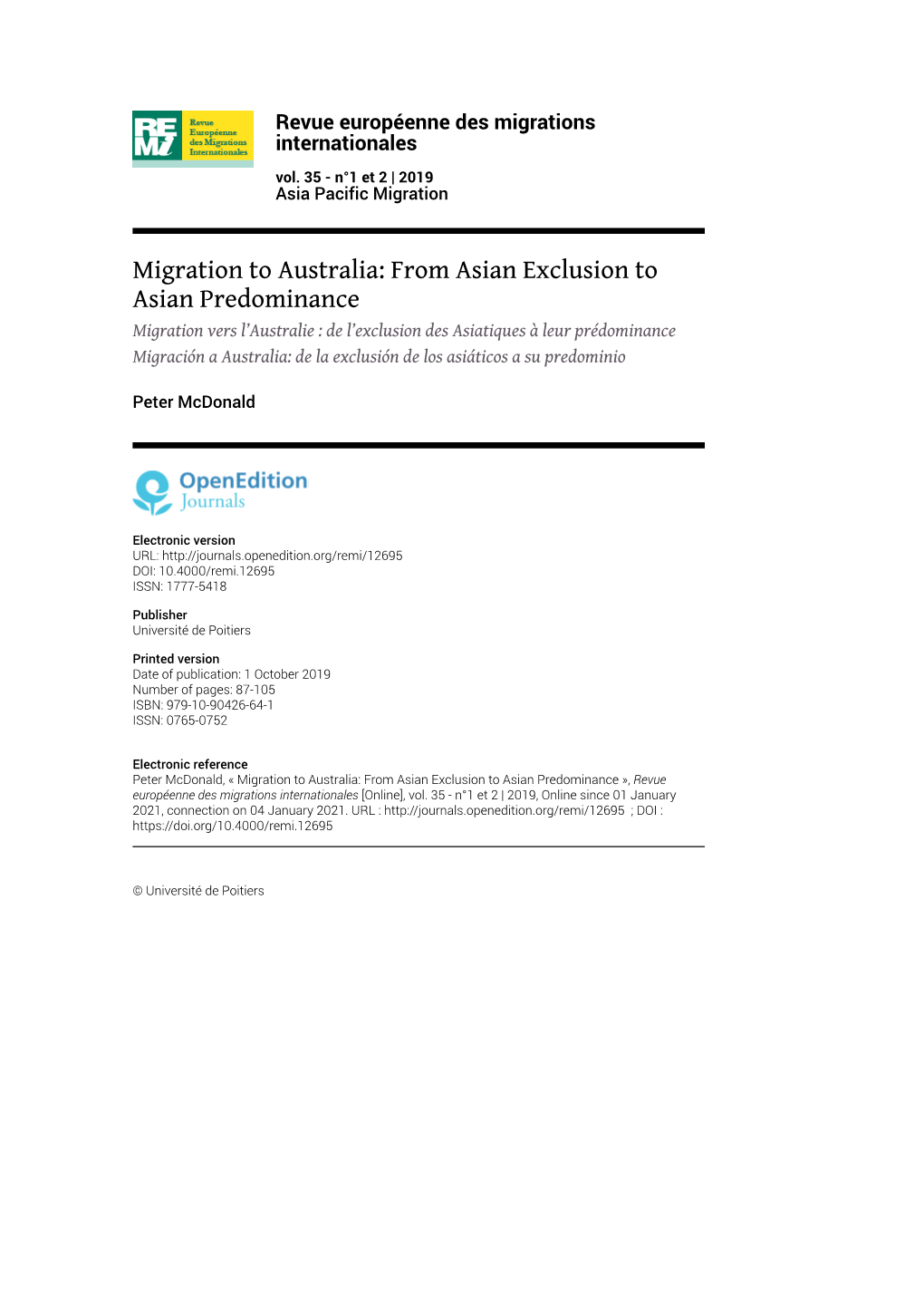 Migration to Australia: from Asian Exclusion to Asian Predominance