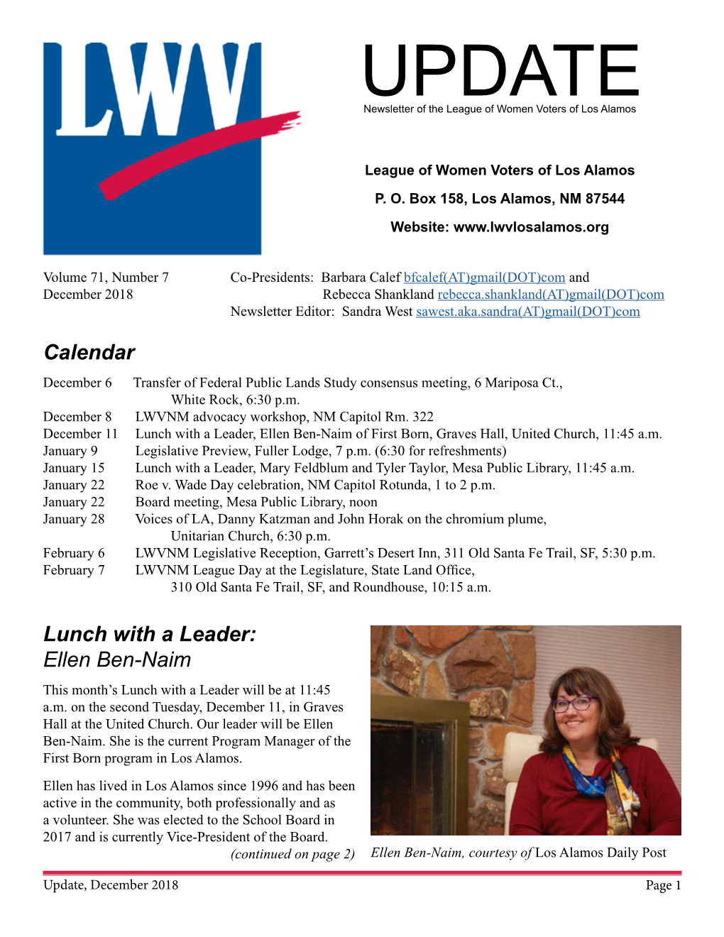 Updatenewsletter of the League of Women Voters of Los Alamos