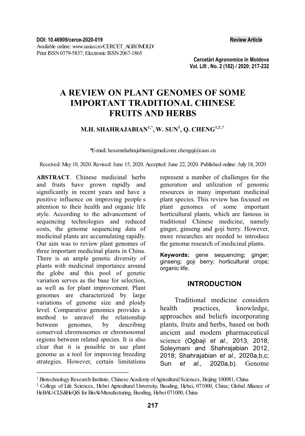 A Review on Plant Genomes of Some Important Traditional Chinese Fruits and Herbs